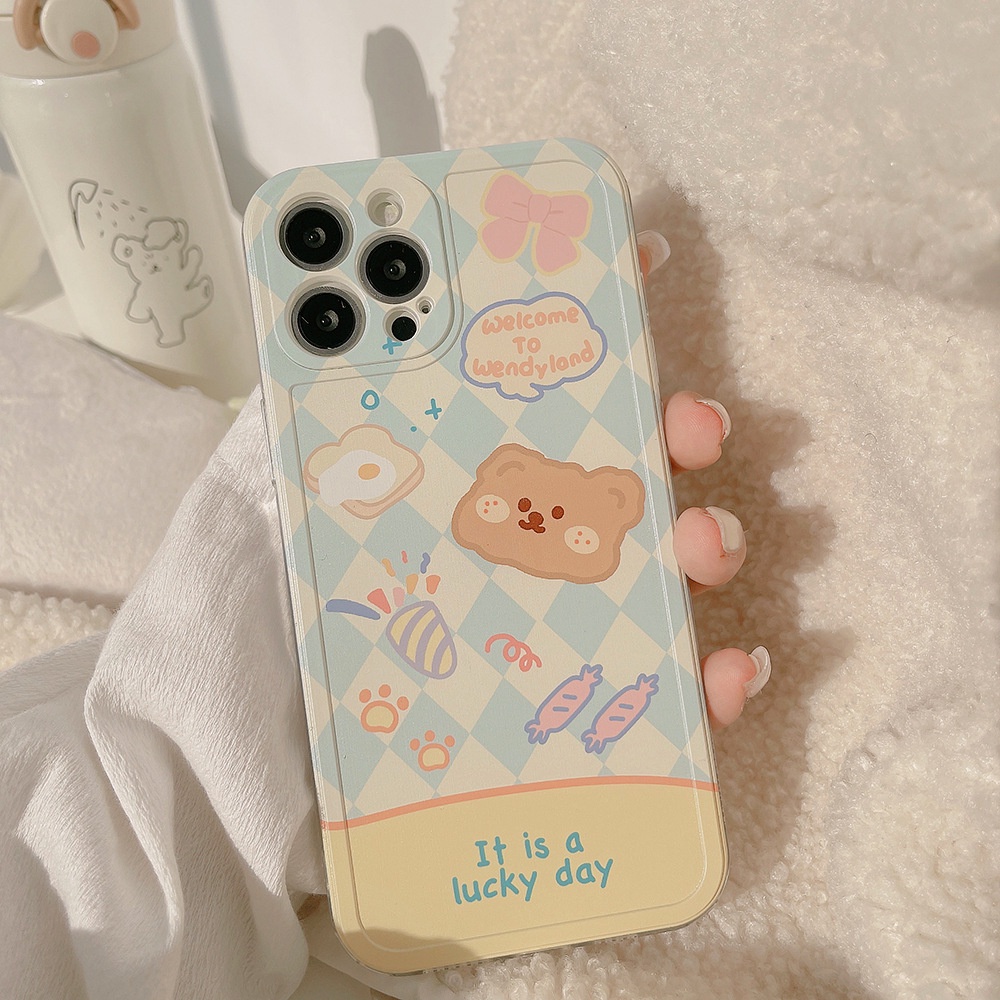 IPHONE Rhombus Plaid Bear Untuk Iphone14 13 12mini 11 Pro Max X Xs Xr8 7 Plus SE 2020 Soft Case