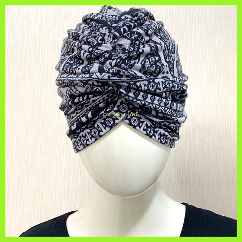 Melonmint Handmade Turban Hijab Instan Instant Wanita Motif Tribal Hitam Abu Abstrak Grosir