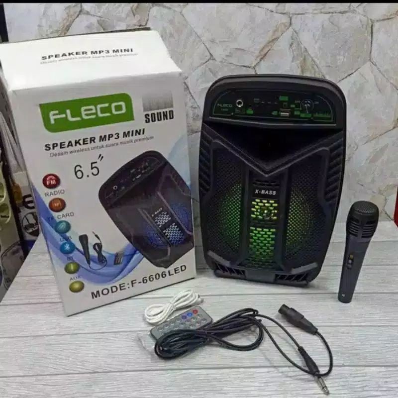 Speaker Bluetooth FLECO F-6606 F-6605 F-6603 Free Mic Remote FM Radio USB Memory card AUX Mic Bass