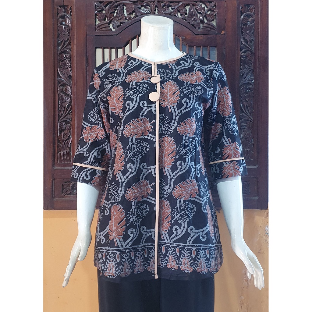 NEW Atasan Blouse Batik MOSA Blus Wanita Lengan Pendek 3/4 Kancing Depan. Motif Batik Pekalongan -250-Daun 2 Hitam