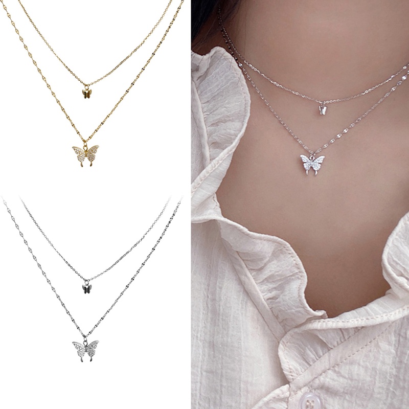 Kalung Rantai Klavikula Lapisan Ganda Desain Kupu-Kupu Untuk Wanita