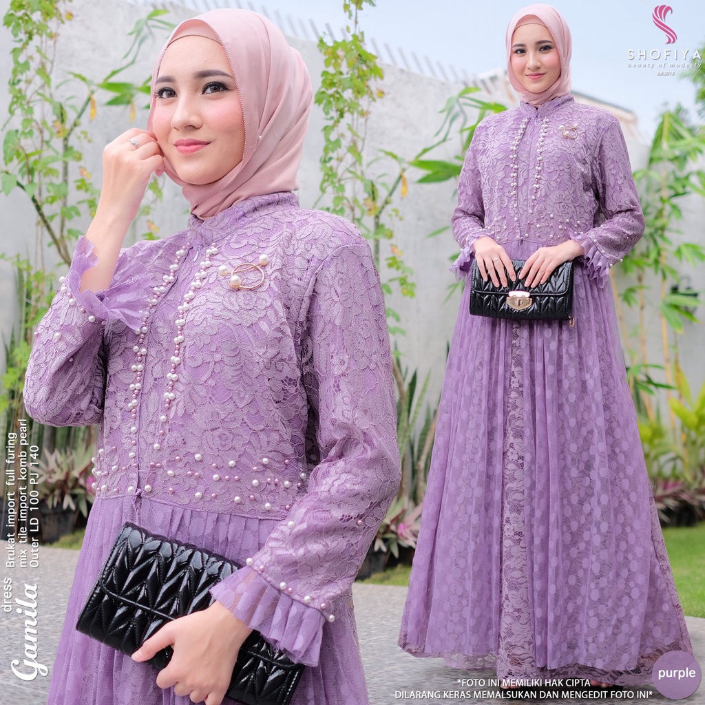GAMILA DRESS CANTIK DAN ANGGUN ORIGINAL SHOFIYA BAHAN BRUKAT IMPORT FULL FURING MIX TILE IMPORT KOMB