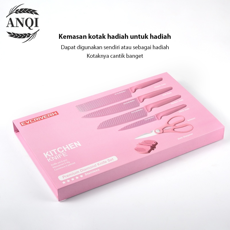 ANQI 1888 Pisau Diamond Knives Set 6 in 1 Pisau Dapur  + Pengasah Pisau VS-1844