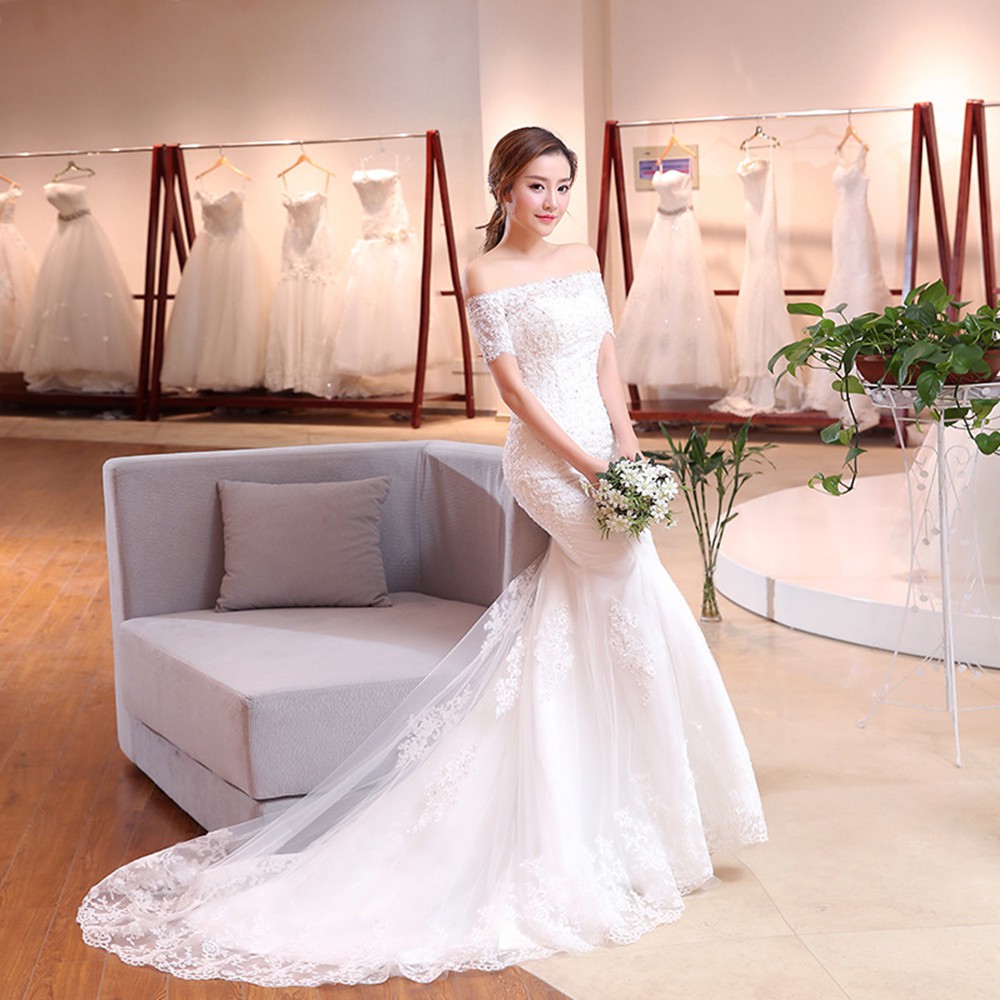Putih Sabrina Mermaid Wedding Dress Gaun Pengantin Renda Putri Duyung Fishtail Wedding Dress
