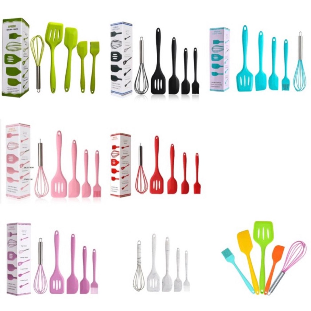 ALAT MASAK SPATULA SET 5 PCS SILIKON SUTIL KITCHEN UTENSIL TAHAN PANAS FREE PACKING BUBBLE FBL