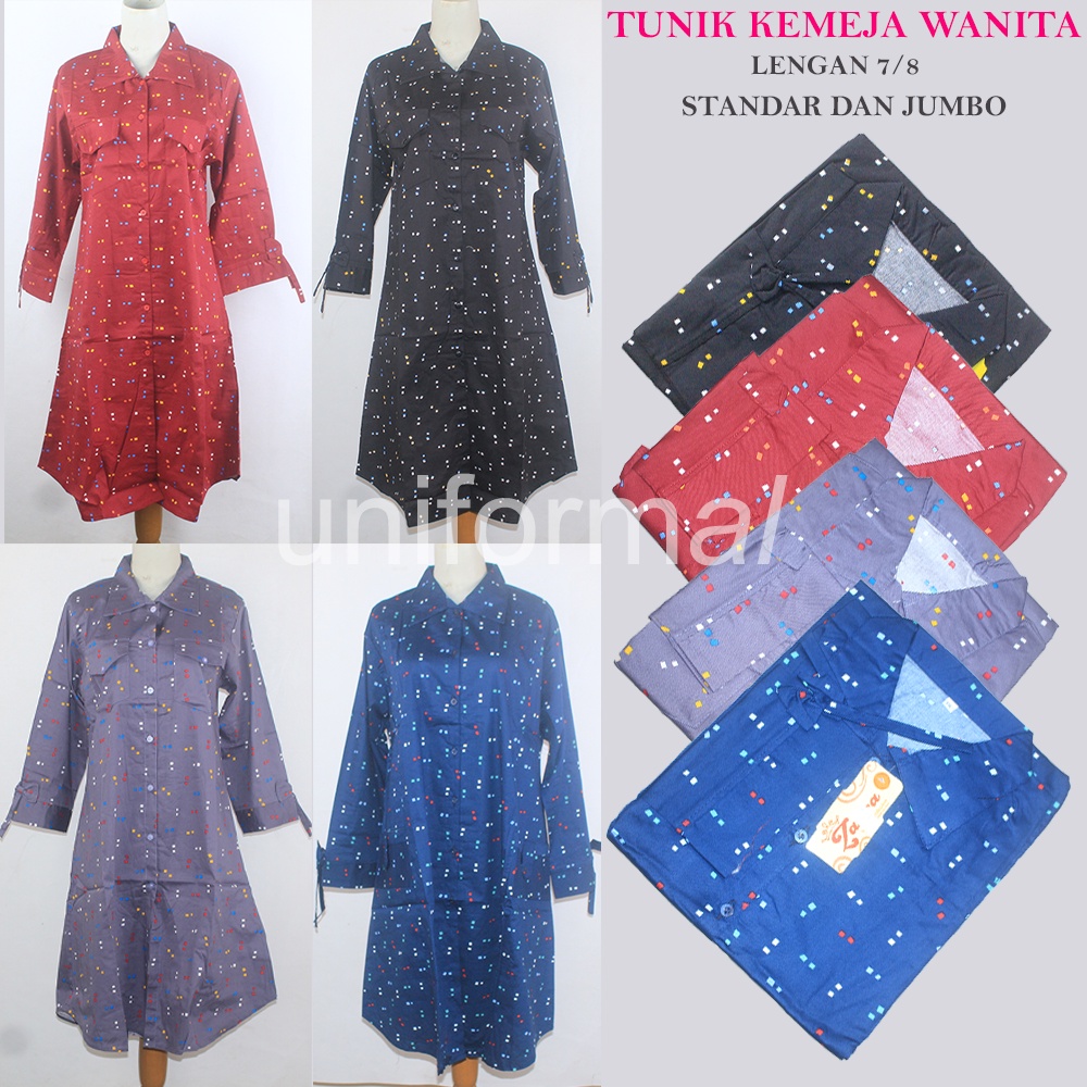 TUNIK / BLOUSE / KEMEJA WANITA / LONG TUNIK LENGAN 7/8 / MOTIF STANDAR JUMBO / BAJU ATASAN MUSLIM CEWEK / HEM KANCING FLOW ROSE / MERAH BIRU DONGKER ABU CREM / KEKINIAN / MURAH / TERMURAH / FLANEL / KATUN STRECTH