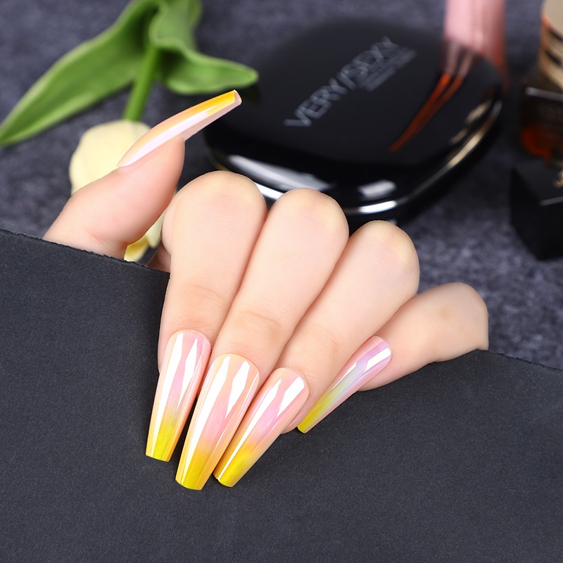 24pcs / Set Kuku Palsu Akrilik Warna Gradasi Pelangi Untuk Nail Art Diy