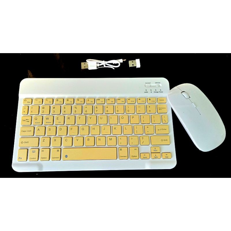 KEYBOARD ANDROID BLUETOOTH KEYBOARD WIRELES HP COMBO KEYBOARD&MOUSHE KEYBOARD 10 inc-Putih tombol kuning