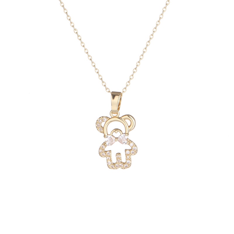 Kalung Wanita Liontin Beruang Berlian Penuh Mewah Rantai Tulang Selangka Emas Fashion Korea Hadiah Perhiasan Pesta