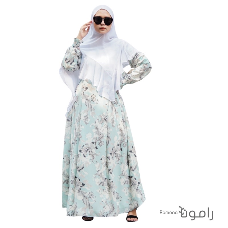 RAMONA - Lyra Crepe Dress Submarine Mint | Gamis Motif Hijau Mint | Gamis Wanita Harian Bahan Crepe 