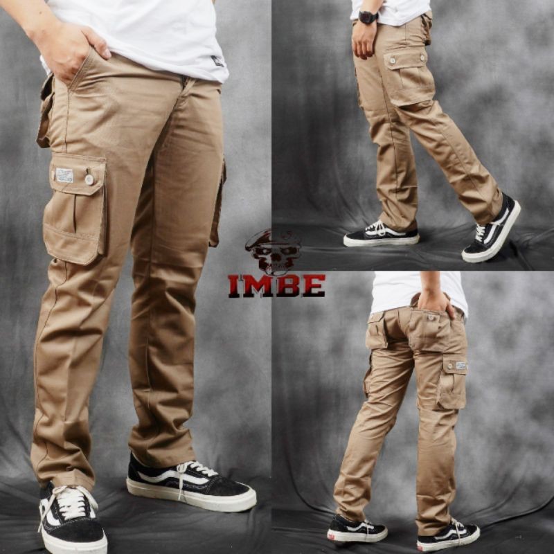 IMBE DENIM Celana Panjang Celana Cargo panjang pria Celana cargo warna mocca seri art IMB331