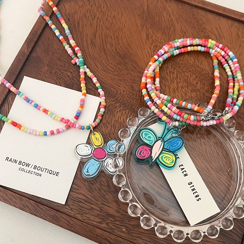 Kalung Rantai Klavikula Hias Manik-Manik Kupu-Kupu Bunga Warna-Warni Gaya Vintage Korea