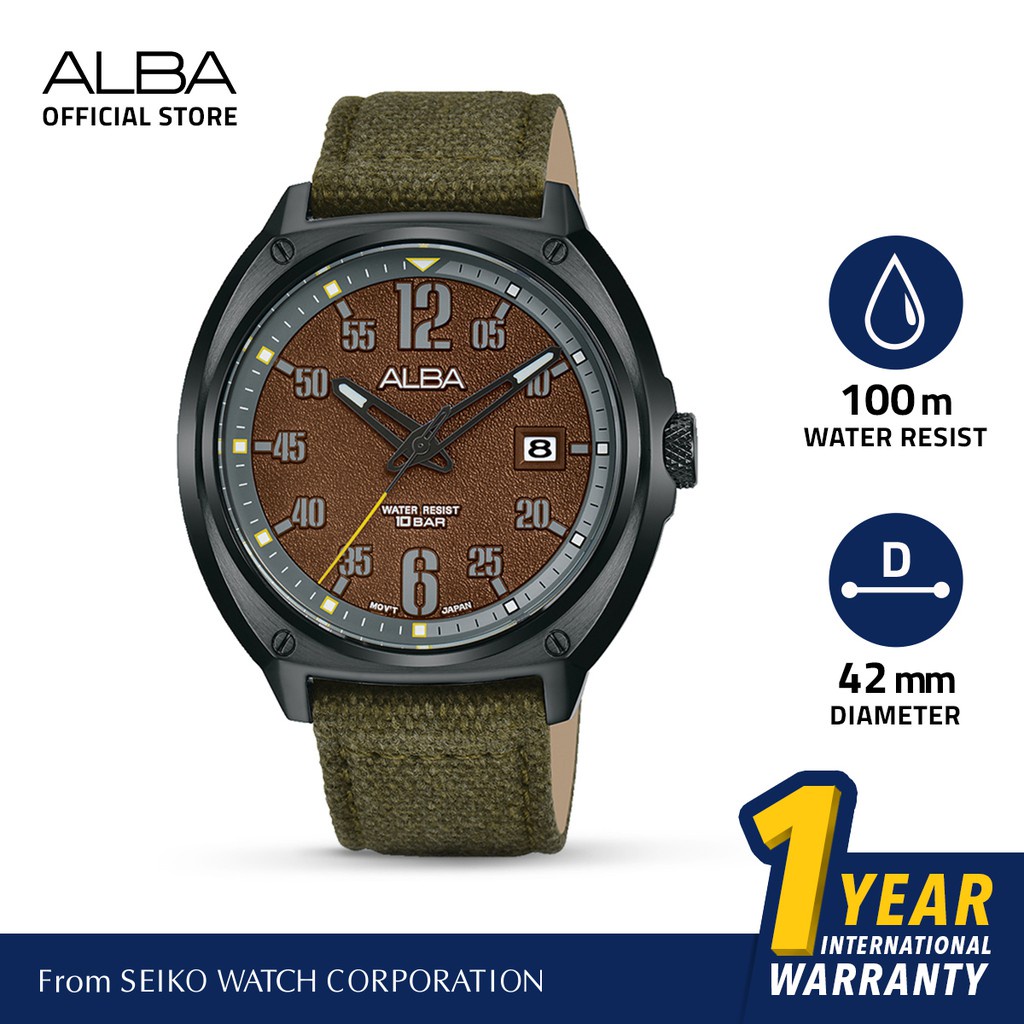 Alba Active Jam Tangan Pria AS9J39 / AS9J39X1 Quartz Brown Dial Green Nylon Strap Watch