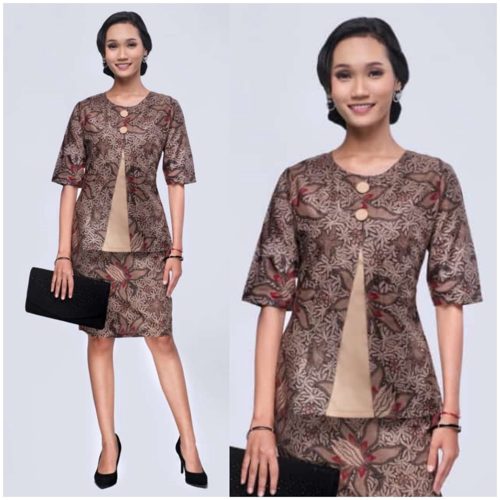 Setelan Baju Kerja Rok Blus Batik Arini Coklat