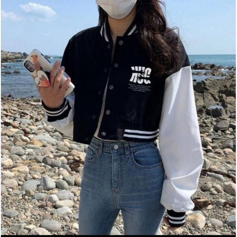 HUG Baseball Crop Wanita | Jaket Wanita Varsity Hug Baseball | Jaket Style Korean