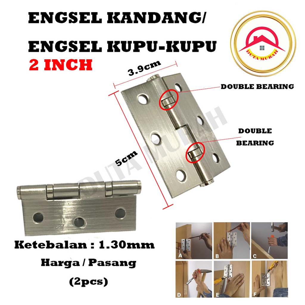 Engsel Pintu kandang Engsel Kupu-Kupu 2&quot;..Kotak Gerobak  Stainless 304 isi 1 set (2 pcs) Free Skrup.