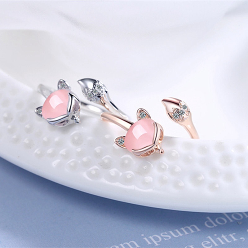 Cincin Sterling Silver 925 Desain Rubah Hias Kristal Zircon Agate Adjustable Untuk Wanita