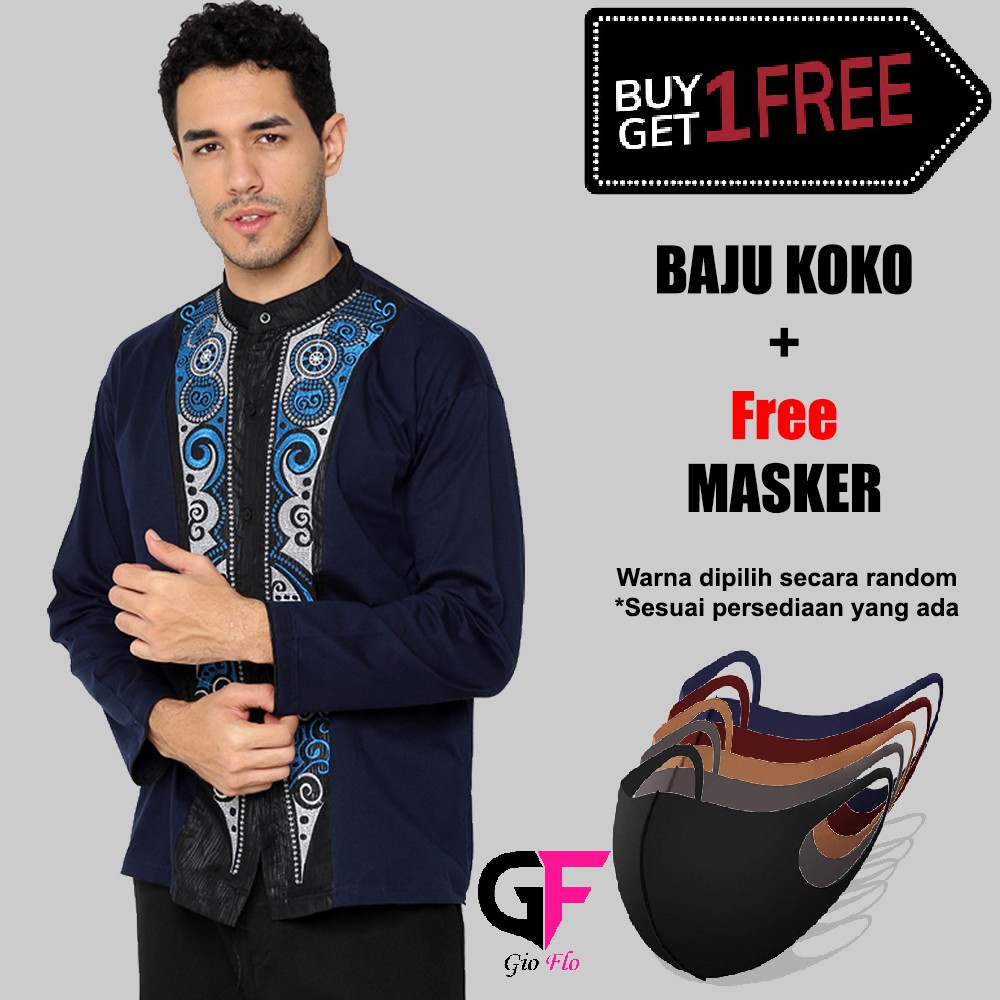 Baju Koko Pria Muslim Lengan Panjang Plus Free Masker