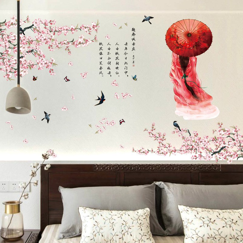 Reliza Wall Sticker Sakura Cewek Payung Girl Flowers Chinese Stiker Dinding LDR