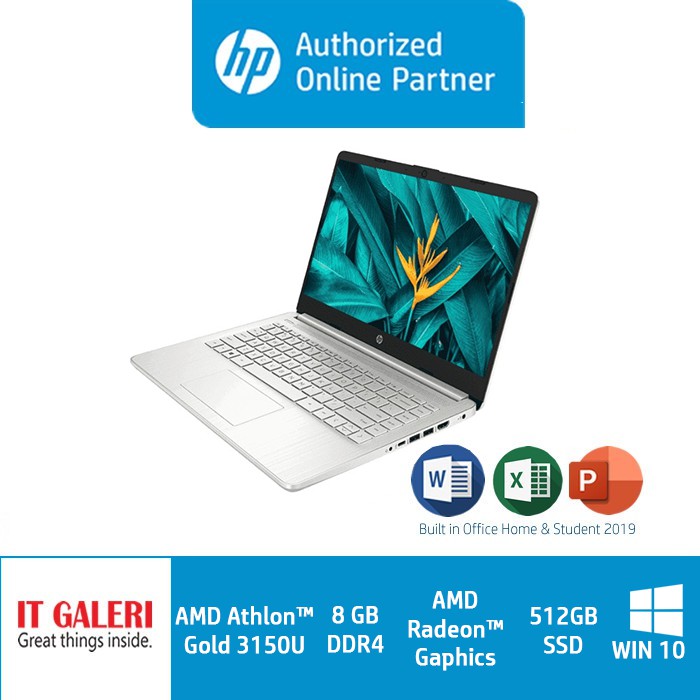HP Laptop 14S-Fq0022au Athlon GOLD 3150U/8GB/512GB SSD/14" FHD/WIN10+OPI/Silver