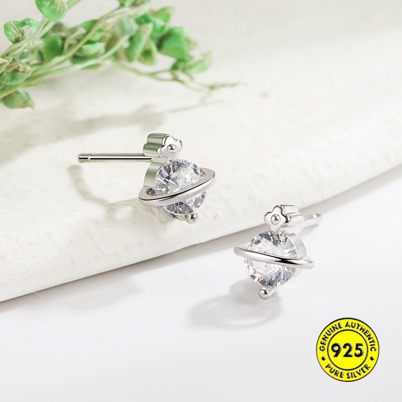 Anting Tusuk Sterling Silver Desain Planet Saturnus Mini Simple Anti Alergi Untuk Wanita