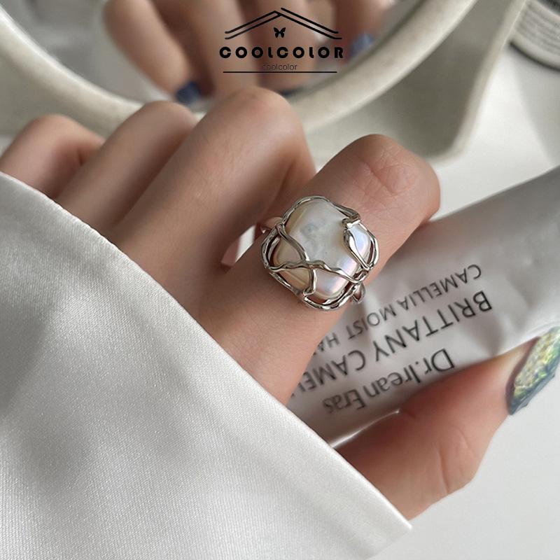 COD❤️2PCS/Set Cincin Kreatif Sederhana Temperamen Pembukaan Mutiara Tidak Teratur Cincin Dapat Disesuaikan korea fashion wanita