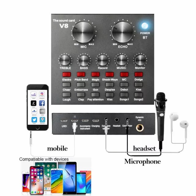 Sound Card V8 Mixer Bluetooth Soundcard Audio USB External