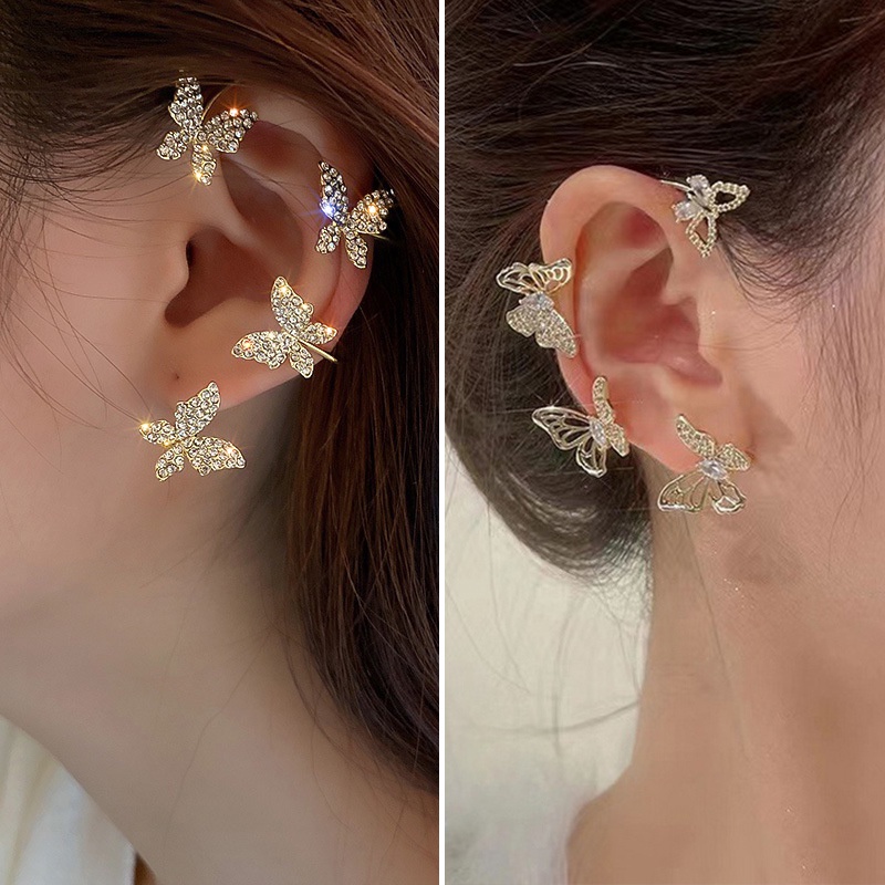 2pcs / set Anting Tusuk + Klip / Jepit + Rantai Rumbai Desain Kupu-Kupu Gaya Korea Untuk Wanita