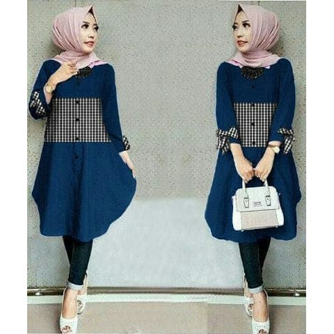 baju atasan tunik wanita muslimah bahan katun rayon navy kombinasi motif kotak-kotak warna biru