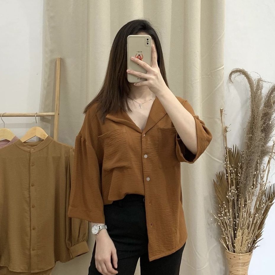 Mimia Top Shirt Kemeja Wanita Crinkle Premium Korean Style Kerah Jas Full Kancing Lengan 4/8