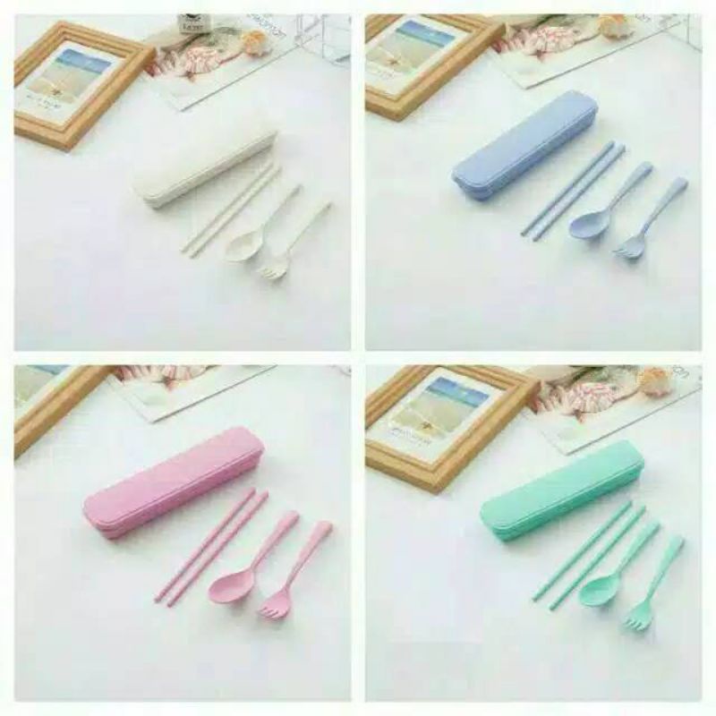 BS159 Sendok Garpu Sumpit Set Travel / Sendok Makan Jerami Gandum
