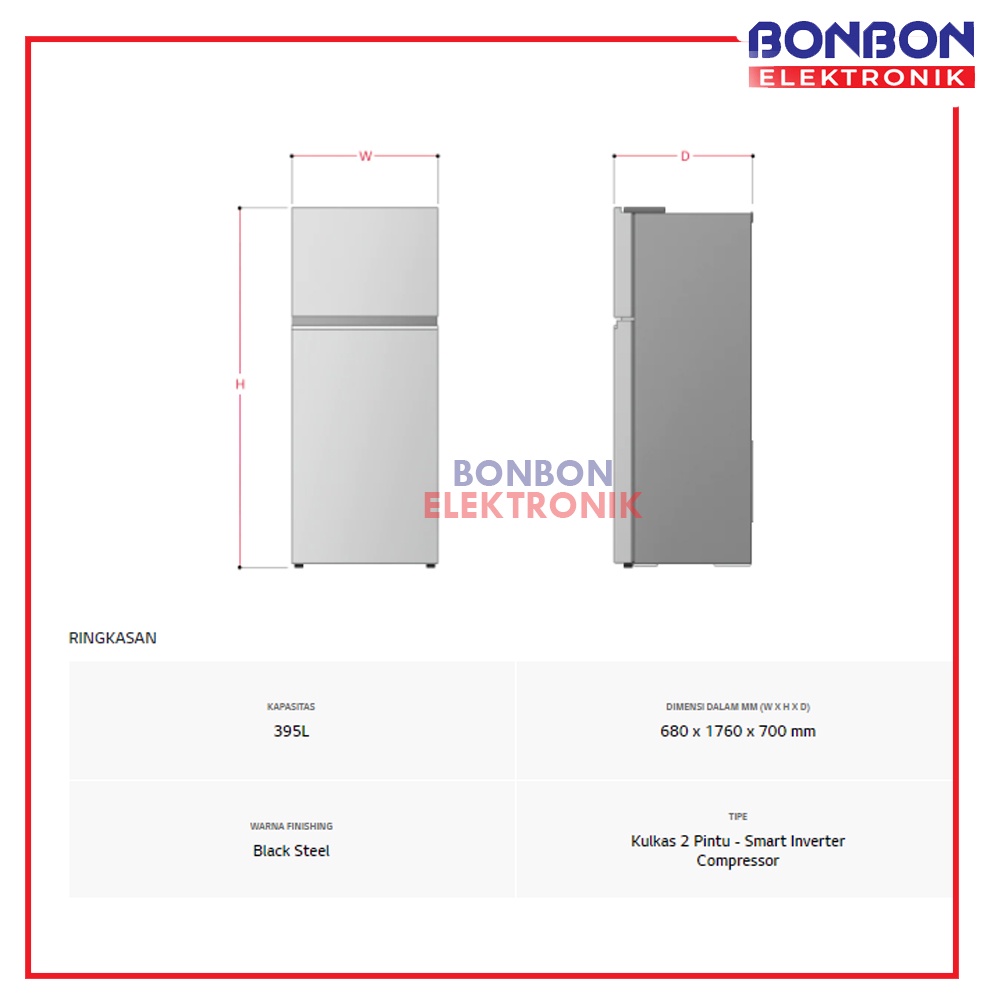 LG Kulkas 2 Pintu Smart Inverter GN-B392PXGB / GNB392PXGB 395L