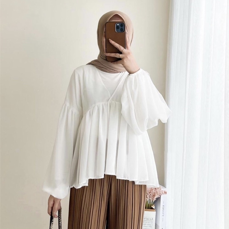 BLOUSE CHIFFON WANITA LENGAN BALON ATASAN SIFON TRANSPARAN DEVIKA BLOUSE