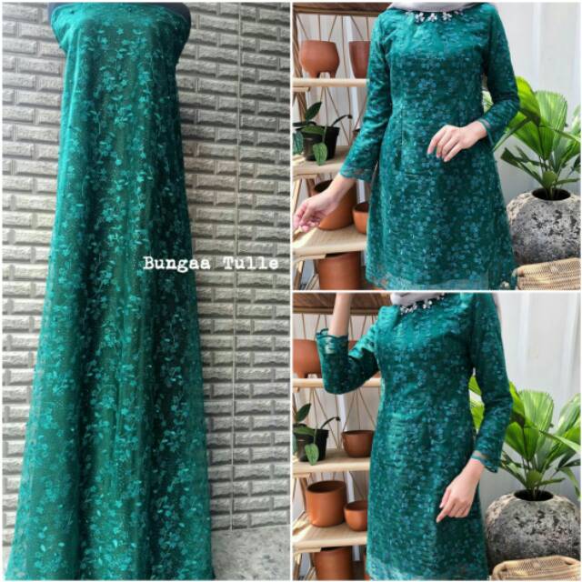 Kain bahan kebaya hijau botol tule mutiara bunga dan furing Daleman polos maxmara ori