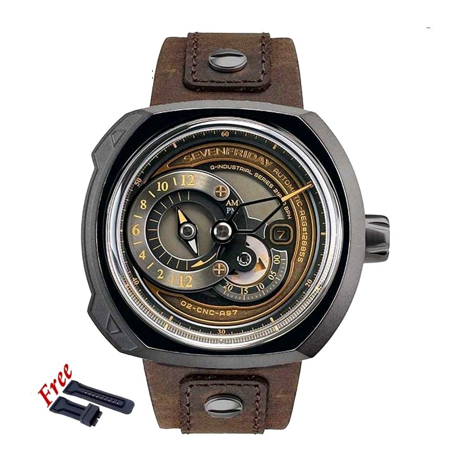 Jam Tangan Pria Sevenfriday Q2/03 Automatic Black Dial Brown Leather Strap