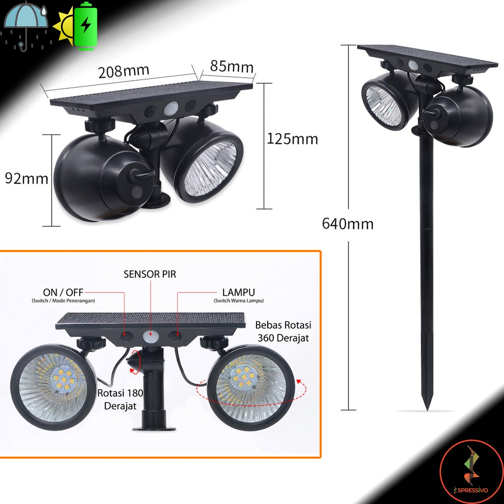 Lampu Solar Tenaga Surya 2 Head Lamp Sensor PIR Adjustable Angle