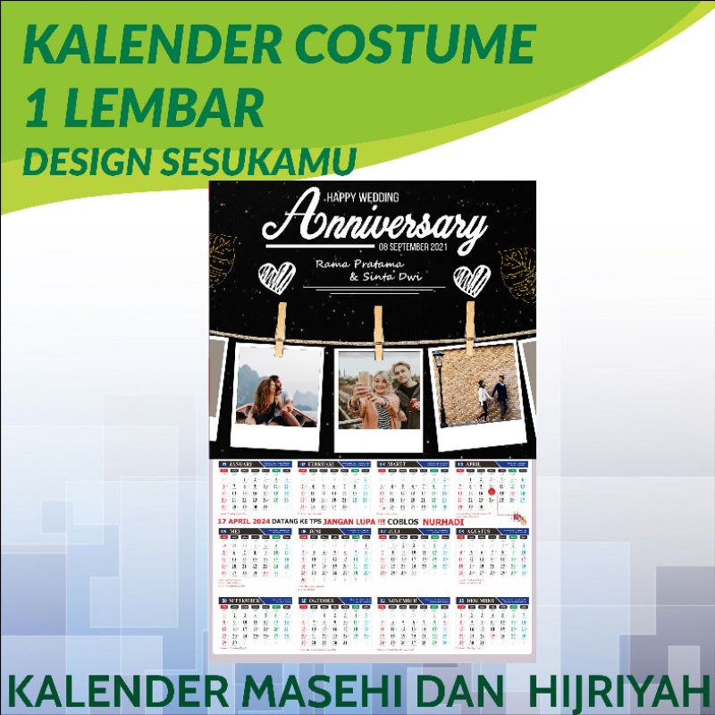 

Kalender 1 lembar dinding custom costume untuk promosi produk, caleg, instansi, partai lembaga, organisasi, pemilu, hadiah nikah, suvenir, souvenir, kenang kenangan, foto, promosi toko online, hijriyah, masehi, pasaran, tanpa minkmal order