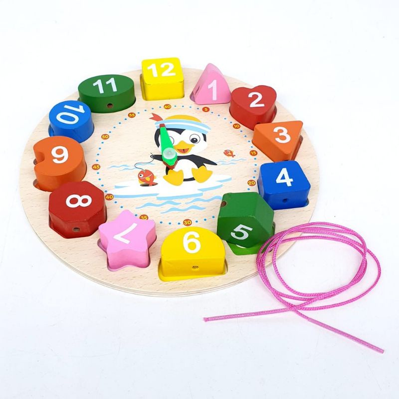 3in1 Penguin Beaded Clock Mainan Edukasi Jam dan Meronce Jam Kayu Jam Geometri Puzzle Bentuk Mainan Kayu