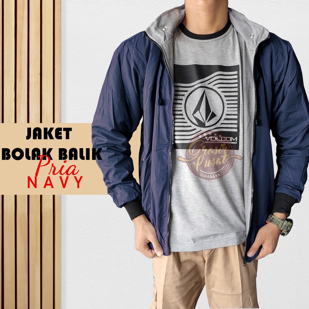 Jaket Bolak - Balik Biru Navi Parasut Fleece 2 In 1 Hoodie