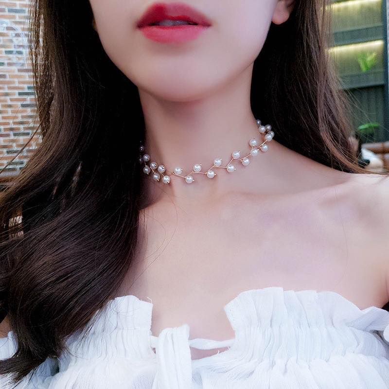 Cecilia Pearl Klavikula Ranting Choker Necklace Model Zigzag Rantai Korean Mutiara Kalung Korea