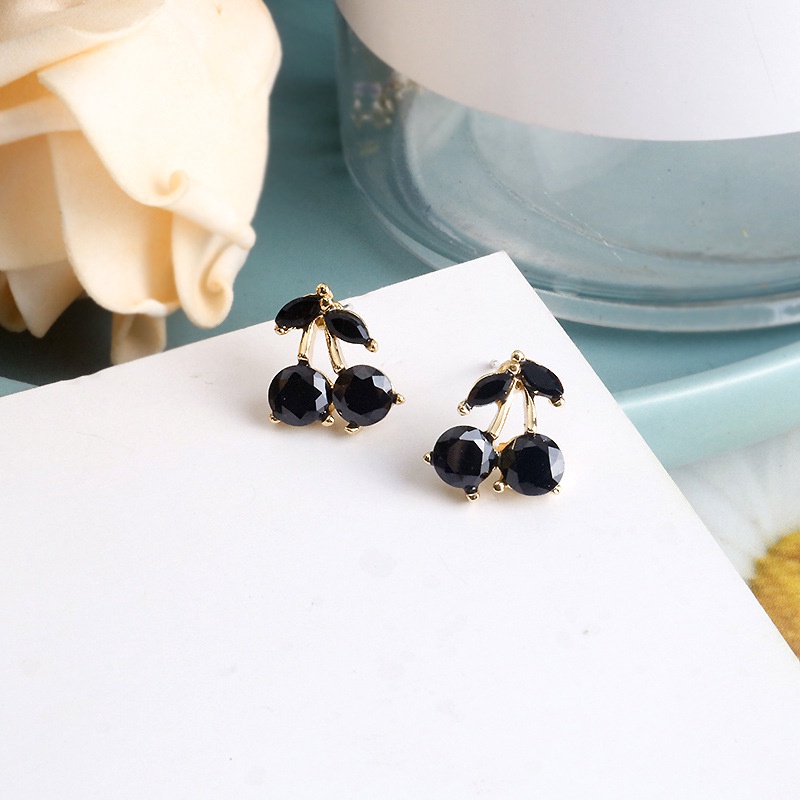 Anting 925 Silver Needle Bentuk Cherry Warna Hitam Untuk Wanita