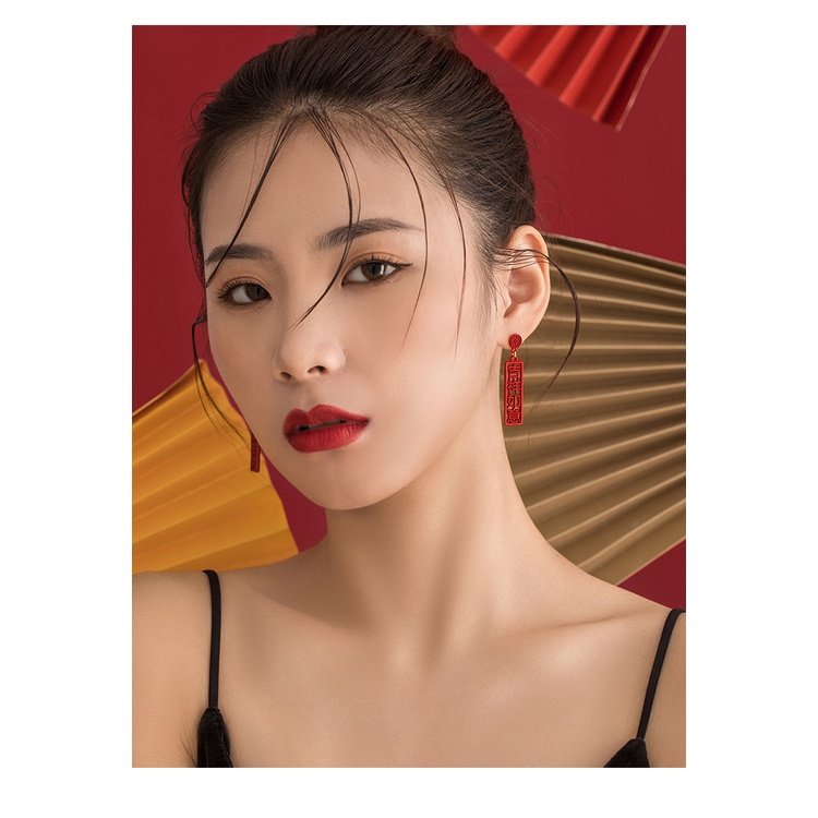 Anting Tusuk Gantung Bahan Sterling Silver 925 Desain Gong Xi Fa Cai Merah Gaya Cinaretro Untuk Wanita