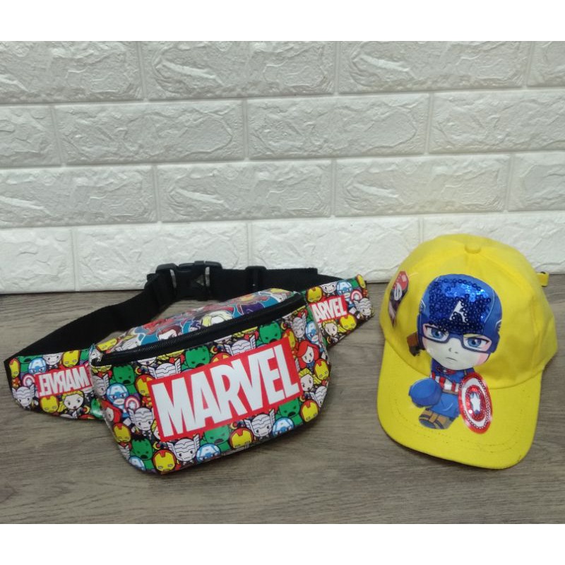 Waistbag anak tas SLempang batman/Marvel free topi LED nyala