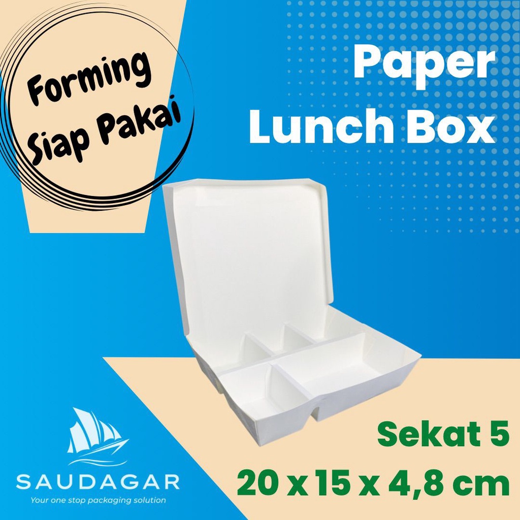 Paper Lunch Box Putih 5 Sekat / Kotak Makan Bento Siap Pakai 1 pack isi 50 pcs