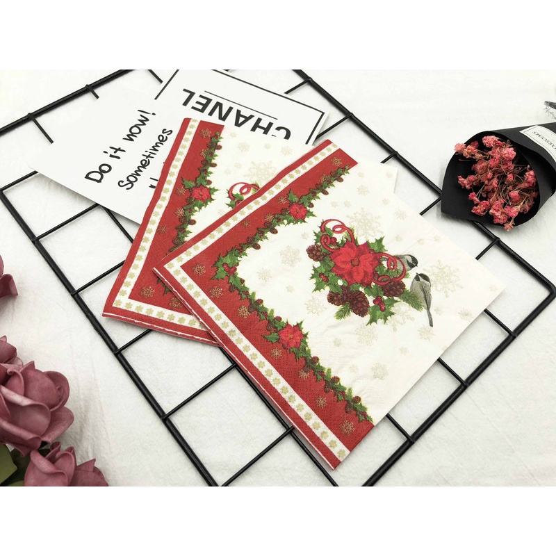 20pcs/set Christmas Red Lace Bird Colorful Printed Napkins Festive Party Paper Napkins