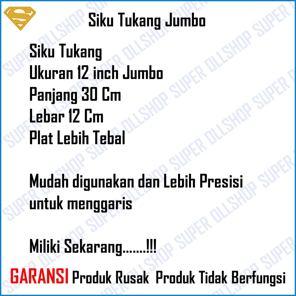 Siku Meter Penggaris Tukang Stainless Steel Jumbo 30 Cm 12 Inch RRT Tebal