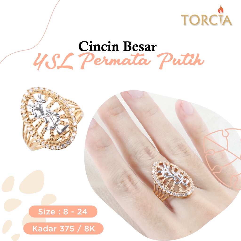 Cincin Besar Emas Asli YSL Permata Putih Kadar 375 Torcia