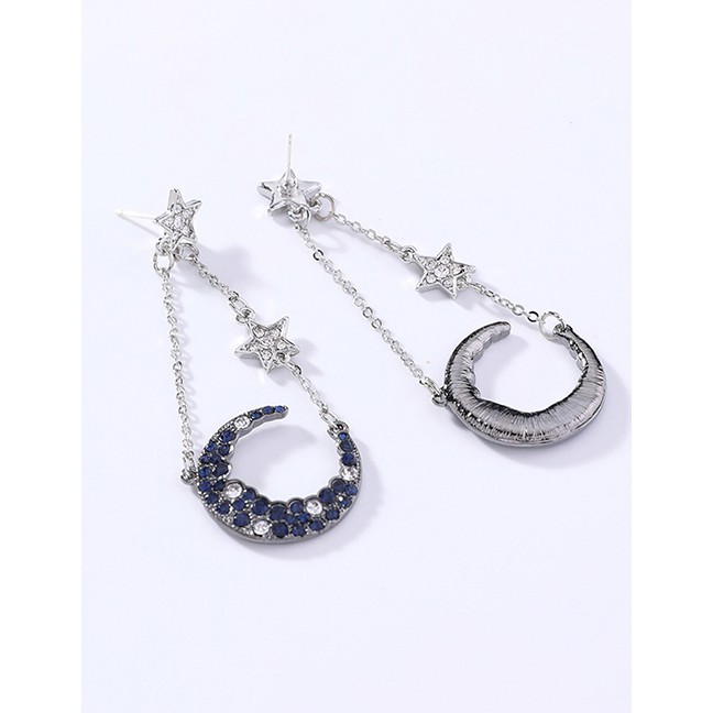 LRC Anting Tusuk Fashion Silver Blue Diamond Inlaid Tassel 925 Silver Needle Lucky Star Moon Stud