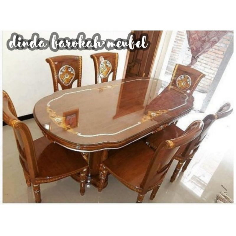 MEJA MAKAN SALINA TOP LAPIS KACA SET 6K JATI SOLID UKIR MEJA MAKAN SALINA TOP LAPIS KACA SET 6K JATI SOLID UKIR
