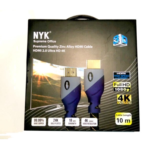 Cable hdtv 2.0 nyk 10m gold m-m 4k 60hz uhd hdcp hdr 18Gbps ethernet - Kabel hdmi 10 meter male 3d
